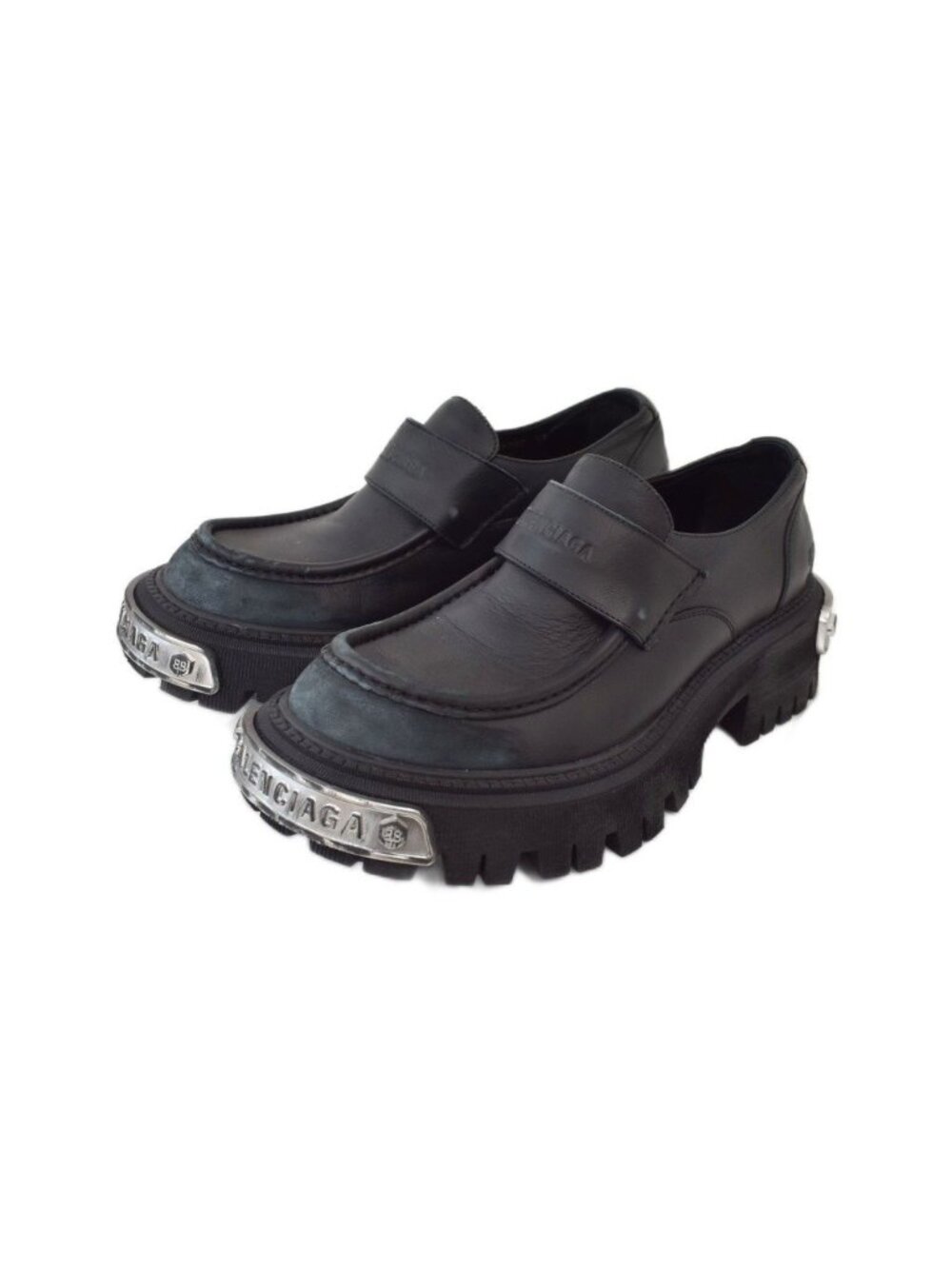 Balenciaga Tractor Loafer Logo Plate Distressed Leather Black